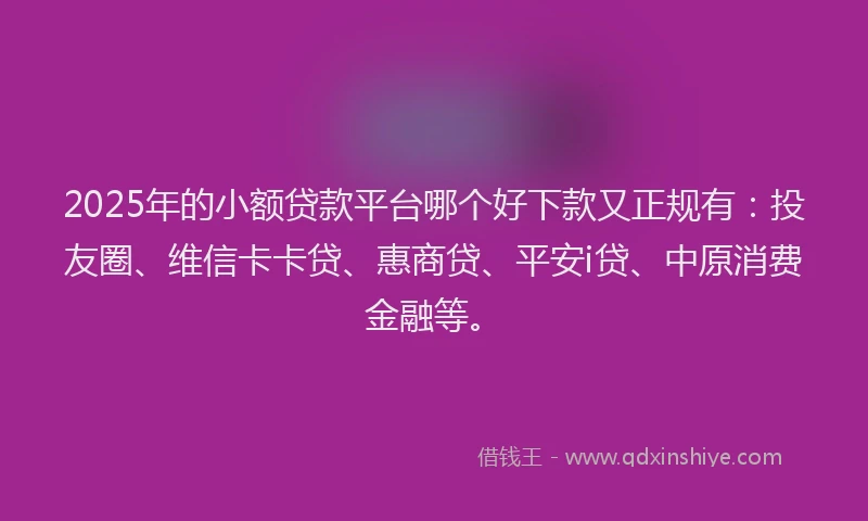2025年的小额贷款平台哪个好下款又正规有：投友圈、维信卡卡贷、惠商贷、平安i贷、中原消费金融等。