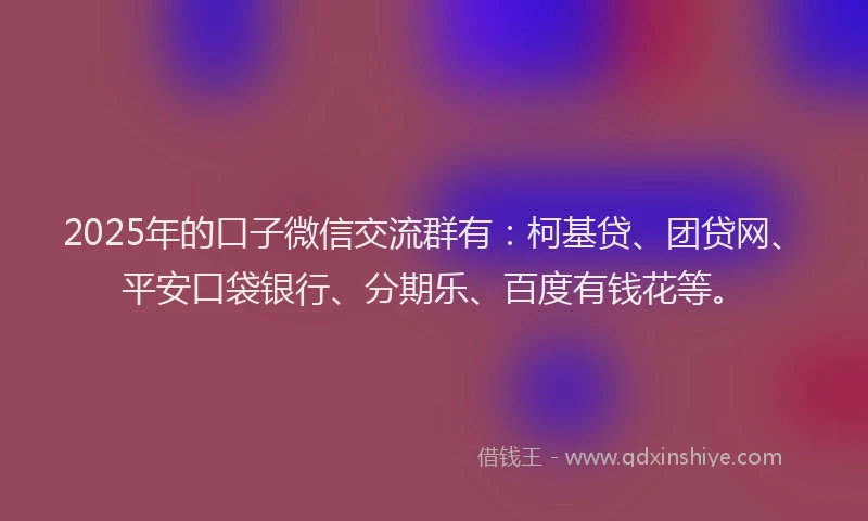 2025年的口子微信交流群有：柯基贷、团贷网、平安口袋银行、分期乐、百度有钱花等。