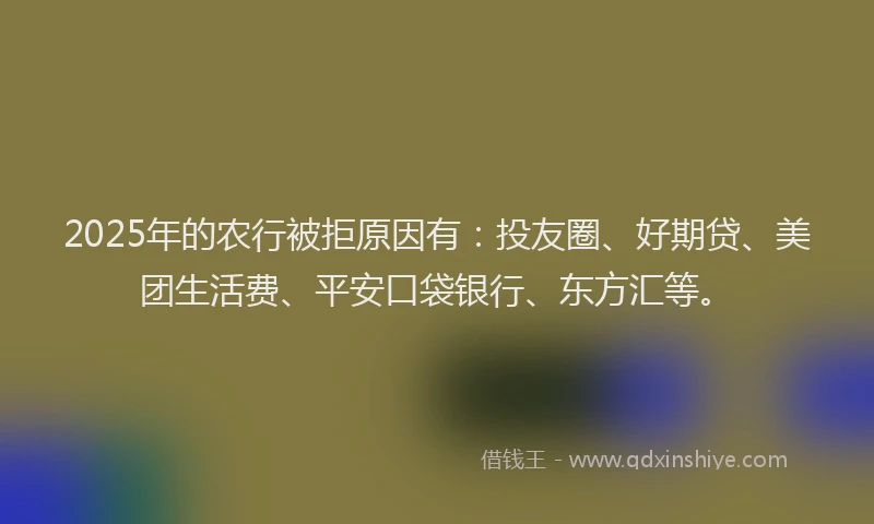 2025年的农行被拒原因有：投友圈、好期贷、美团生活费、平安口袋银行、东方汇等。
