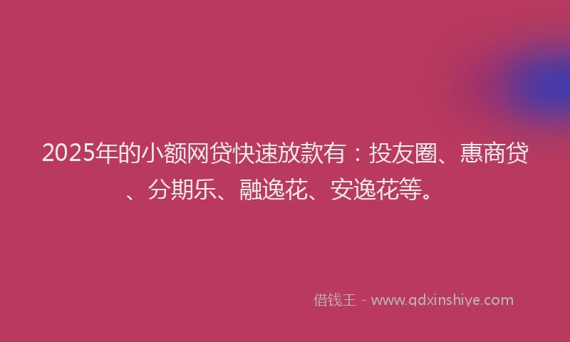 2025年的小额网贷快速放款有：投友圈、惠商贷、分期乐、融逸花、安逸花等。