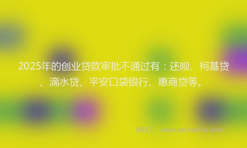 2025年的创业贷款审批不通过有：还呗、柯基贷、滴水贷、平安口袋银行、惠商贷等。