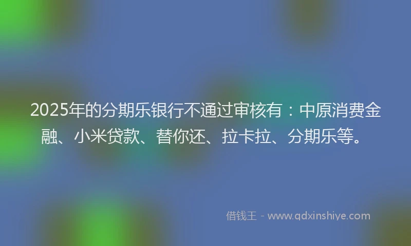 2025年的分期乐银行不通过审核有：中原消费金融、小米贷款、替你还、拉卡拉、分期乐等。