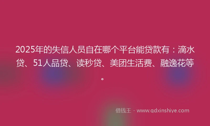 2025年的失信人员自在哪个平台能贷款有：滴水贷、51人品贷、读秒贷、美团生活费、融逸花等。