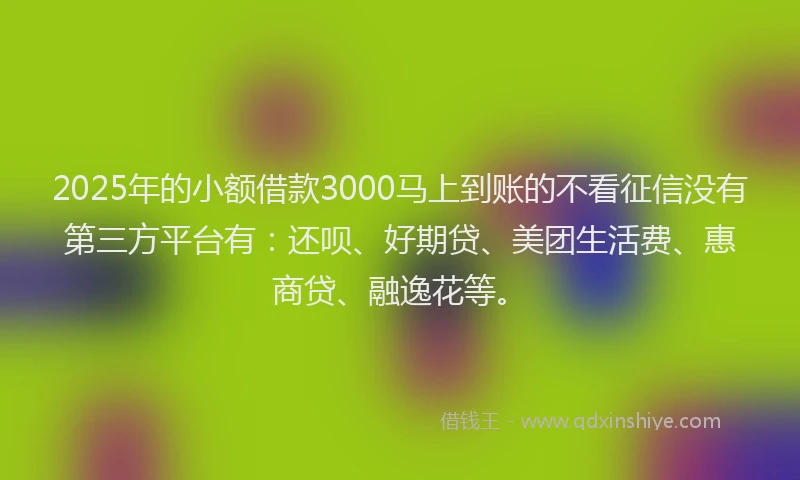 2025年的小额借款3000马上到账的不看征信没有第三方平台有：还呗、好期贷、美团生活费、惠商贷、融逸花等。