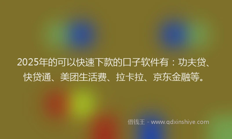 2025年的可以快速下款的口子软件有：功夫贷、快贷通、美团生活费、拉卡拉、京东金融等。