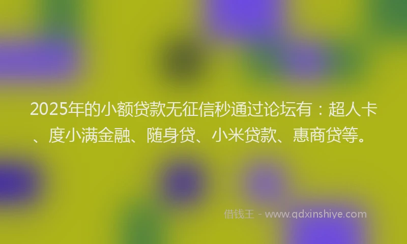 2025年的小额贷款无征信秒通过论坛有：超人卡、度小满金融、随身贷、小米贷款、惠商贷等。