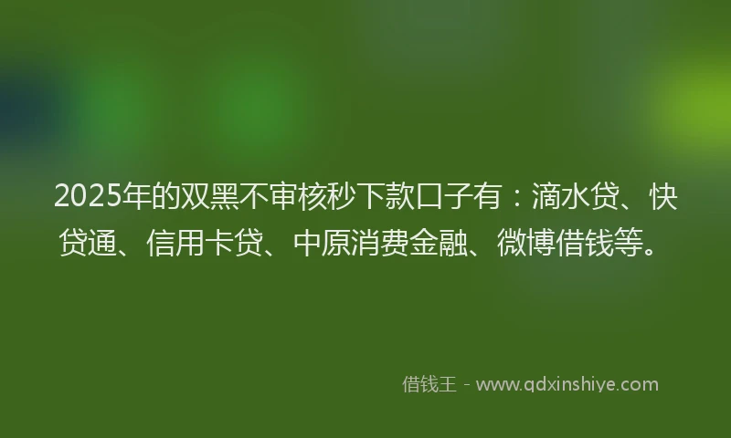 2025年的双黑不审核秒下款口子有：滴水贷、快贷通、信用卡贷、中原消费金融、微博借钱等。
