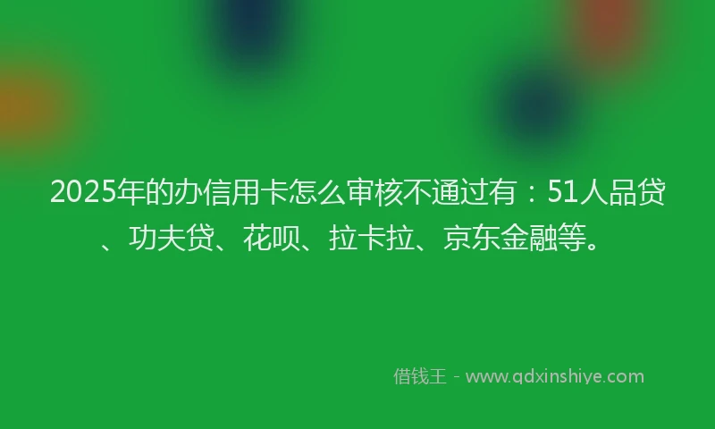 2025年的办信用卡怎么审核不通过有：51人品贷、功夫贷、花呗、拉卡拉、京东金融等。