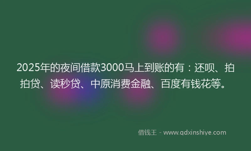 2025年的夜间借款3000马上到账的有：还呗、拍拍贷、读秒贷、中原消费金融、百度有钱花等。