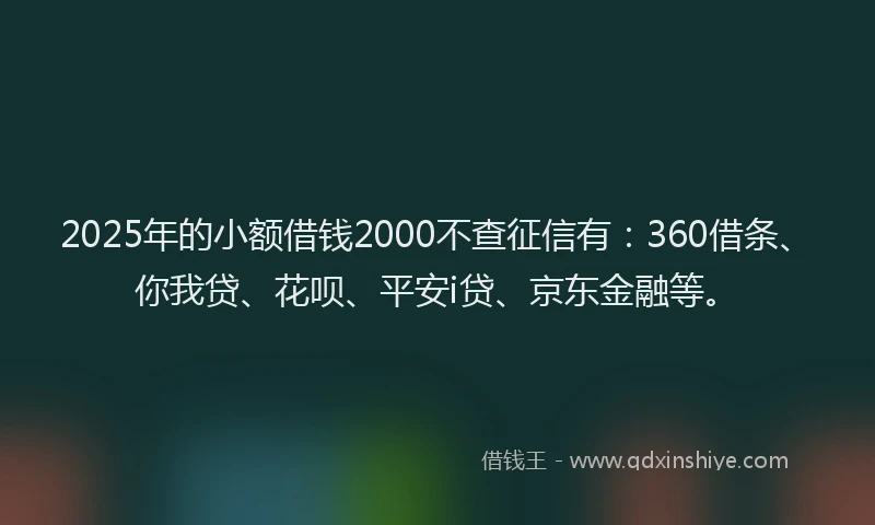 2025年的小额借钱2000不查征信有：360借条、你我贷、花呗、平安i贷、京东金融等。