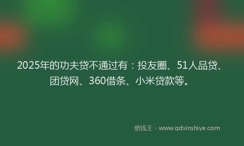 2025年的功夫贷不通过有：投友圈、51人品贷、团贷网、360借条、小米贷款等。