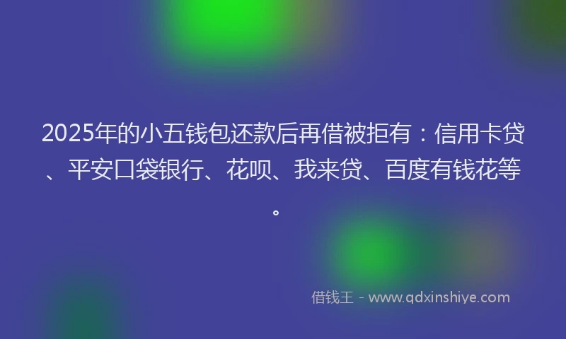 2025年的小五钱包还款后再借被拒有：信用卡贷、平安口袋银行、花呗、我来贷、百度有钱花等。