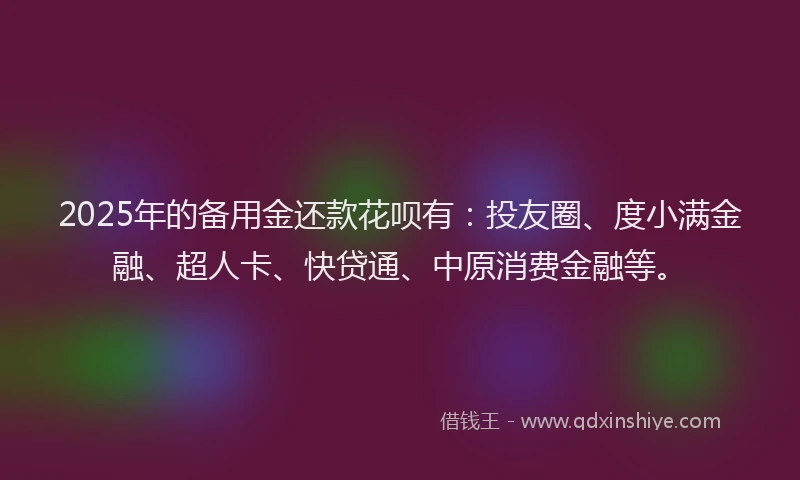 2025年的备用金还款花呗有：投友圈、度小满金融、超人卡、快贷通、中原消费金融等。