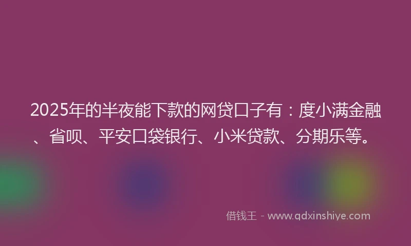 2025年的半夜能下款的网贷口子有：度小满金融、省呗、平安口袋银行、小米贷款、分期乐等。