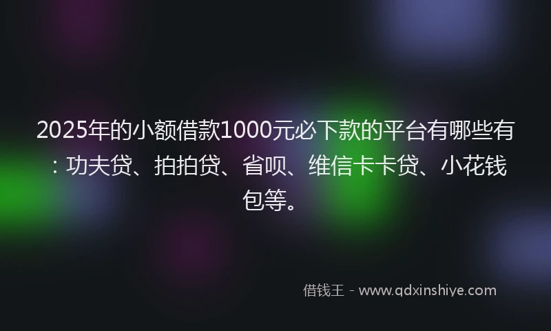 2025年的小额借款1000元必下款的平台有哪些有：功夫贷、拍拍贷、省呗、维信卡卡贷、小花钱包等。