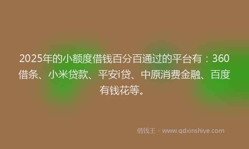 2025年的小额度借钱百分百通过的平台有：360借条、小米贷款、平安i贷、中原消费金融、百度有钱花等。