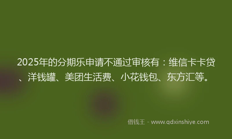 2025年的分期乐申请不通过审核有：维信卡卡贷、洋钱罐、美团生活费、小花钱包、东方汇等。