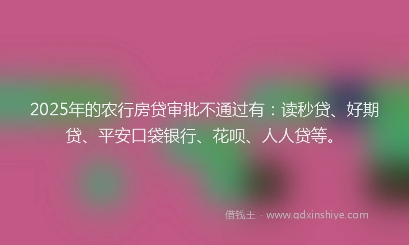 2025年的农行房贷审批不通过有：读秒贷、好期贷、平安口袋银行、花呗、人人贷等。