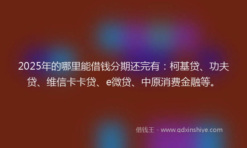 2025年的哪里能借钱分期还完有：柯基贷、功夫贷、维信卡卡贷、e微贷、中原消费金融等。