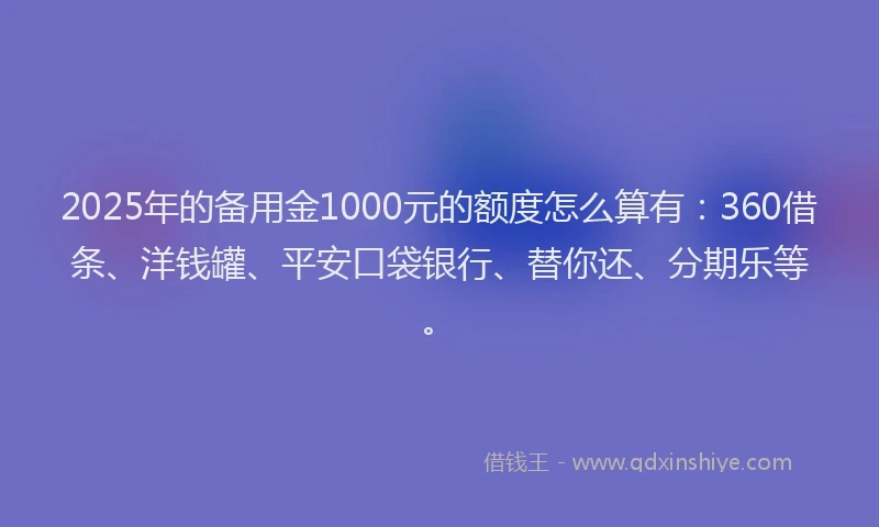 2025年的备用金1000元的额度怎么算有：360借条、洋钱罐、平安口袋银行、替你还、分期乐等。