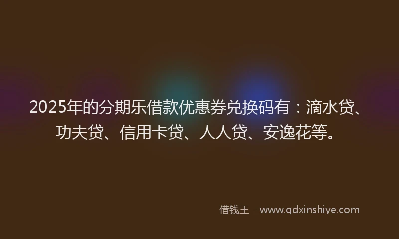 2025年的分期乐借款优惠券兑换码有：滴水贷、功夫贷、信用卡贷、人人贷、安逸花等。