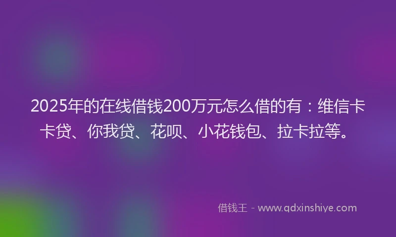2025年的在线借钱200万元怎么借的有：维信卡卡贷、你我贷、花呗、小花钱包、拉卡拉等。