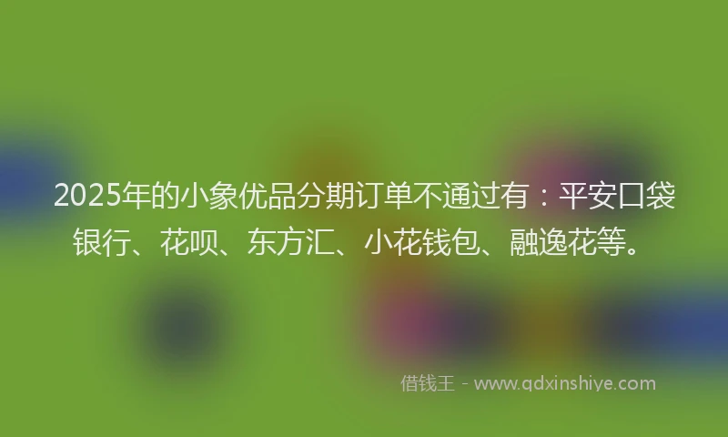 2025年的小象优品分期订单不通过有：平安口袋银行、花呗、东方汇、小花钱包、融逸花等。