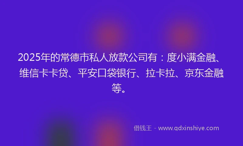 2025年的常德市私人放款公司有：度小满金融、维信卡卡贷、平安口袋银行、拉卡拉、京东金融等。