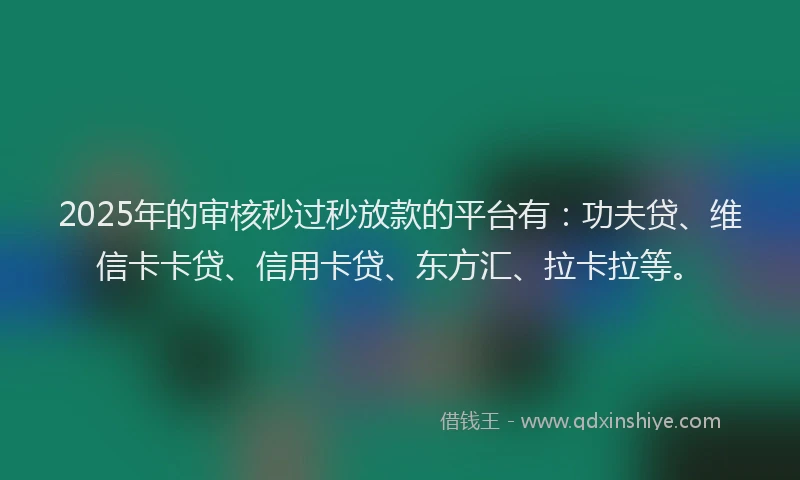 2025年的审核秒过秒放款的平台有：功夫贷、维信卡卡贷、信用卡贷、东方汇、拉卡拉等。