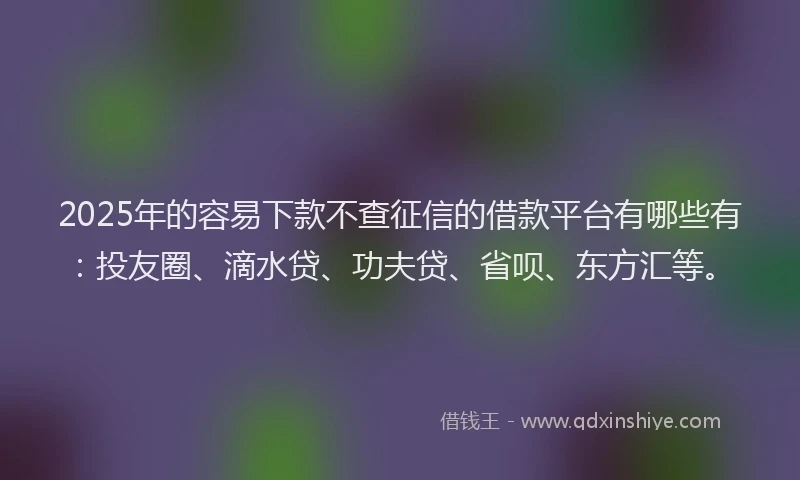 2025年的容易下款不查征信的借款平台有哪些有：投友圈、滴水贷、功夫贷、省呗、东方汇等。
