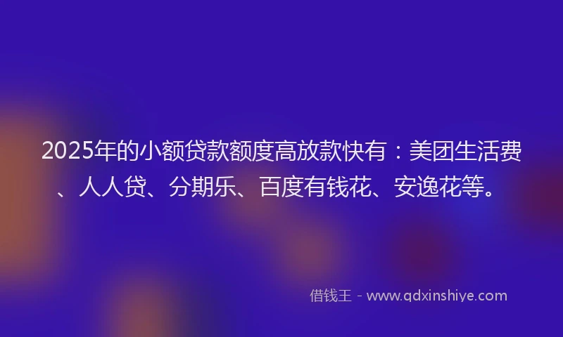 2025年的小额贷款额度高放款快有：美团生活费、人人贷、分期乐、百度有钱花、安逸花等。
