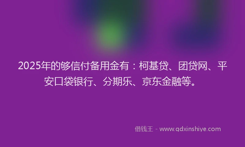 2025年的够信付备用金有：柯基贷、团贷网、平安口袋银行、分期乐、京东金融等。