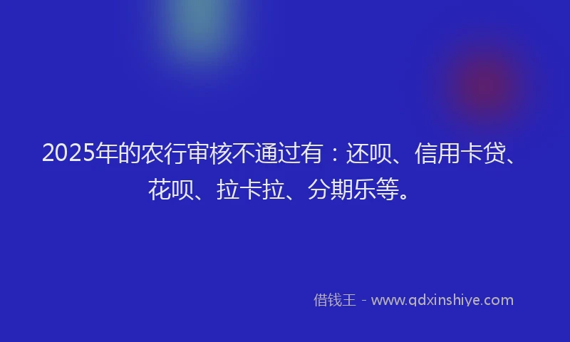 2025年的农行审核不通过有：还呗、信用卡贷、花呗、拉卡拉、分期乐等。