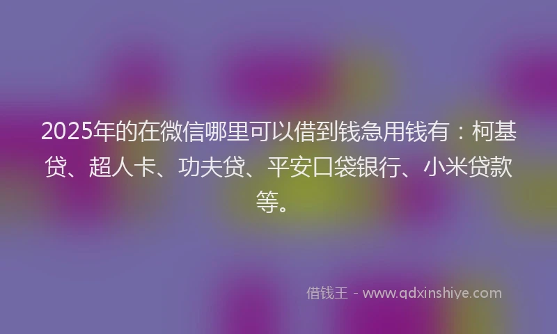 2025年的在微信哪里可以借到钱急用钱有：柯基贷、超人卡、功夫贷、平安口袋银行、小米贷款等。