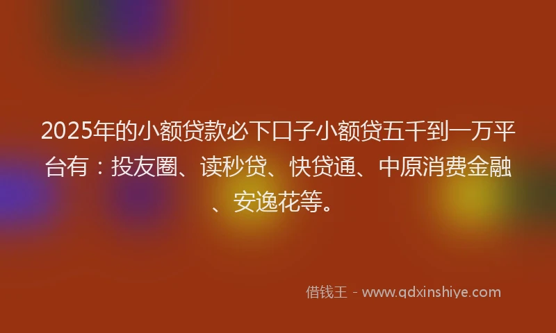 2025年的小额贷款必下口子小额贷五千到一万平台有：投友圈、读秒贷、快贷通、中原消费金融、安逸花等。