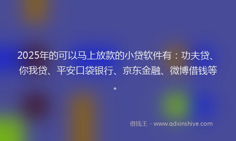 2025年的可以马上放款的小贷软件有：功夫贷、你我贷、平安口袋银行、京东金融、微博借钱等。
