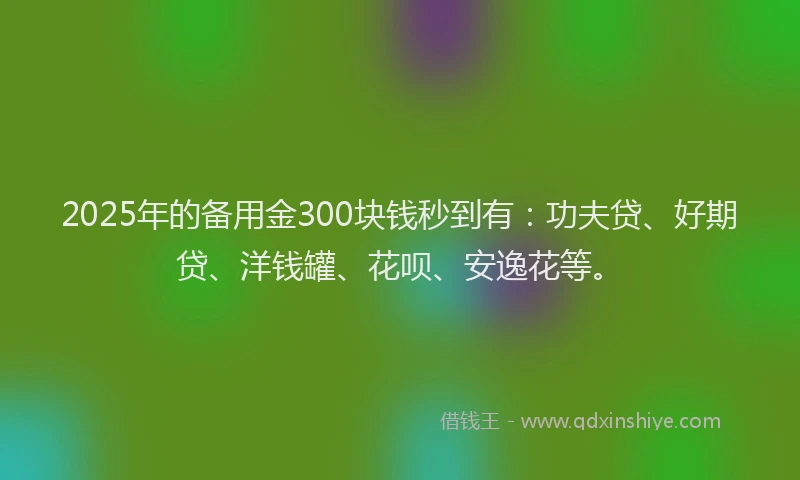 2025年的备用金300块钱秒到有：功夫贷、好期贷、洋钱罐、花呗、安逸花等。