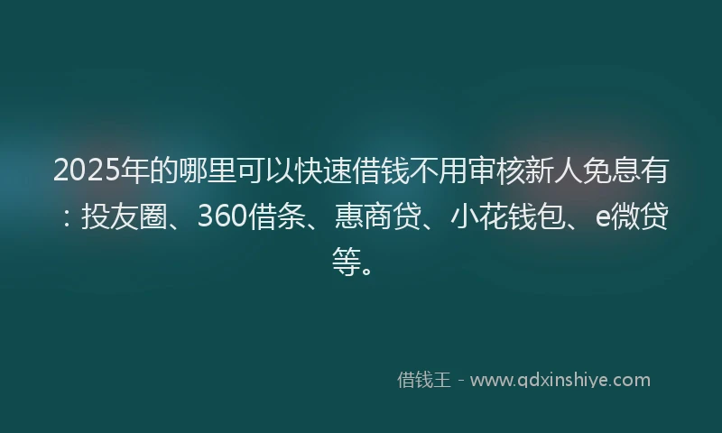 2025年的哪里可以快速借钱不用审核新人免息有：投友圈、360借条、惠商贷、小花钱包、e微贷等。