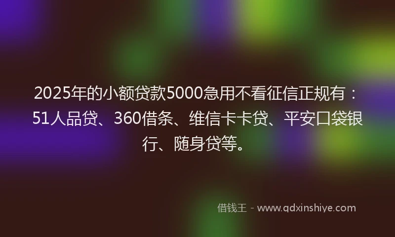 2025年的小额贷款5000急用不看征信正规有：51人品贷、360借条、维信卡卡贷、平安口袋银行、随身贷等。