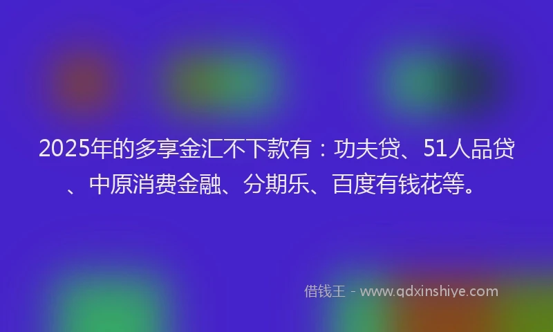2025年的多享金汇不下款有：功夫贷、51人品贷、中原消费金融、分期乐、百度有钱花等。