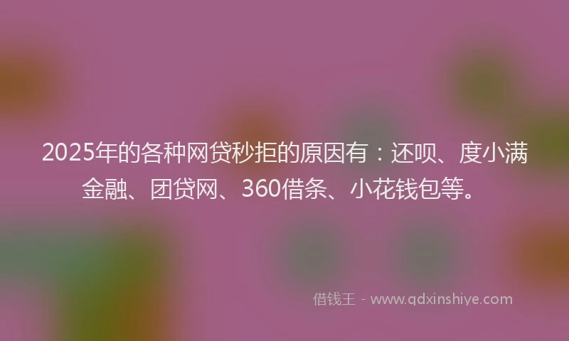 2025年的各种网贷秒拒的原因有：还呗、度小满金融、团贷网、360借条、小花钱包等。