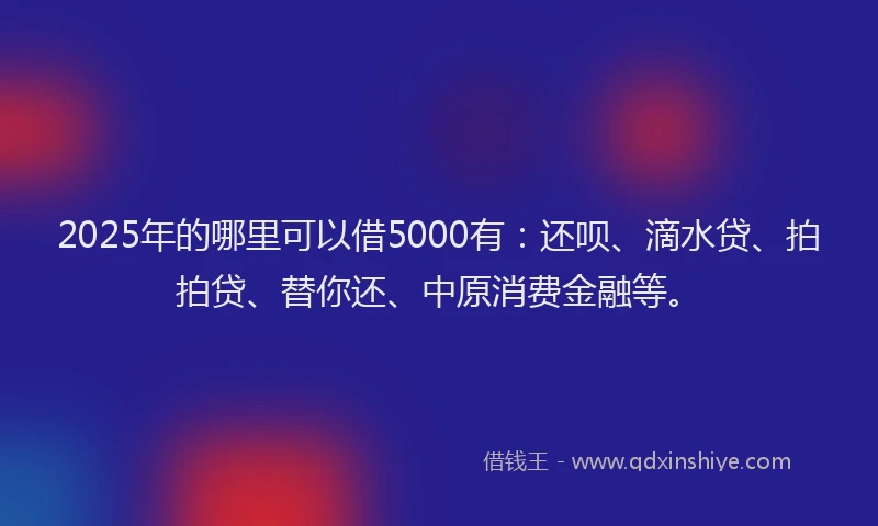 2025年的哪里可以借5000有：还呗、滴水贷、拍拍贷、替你还、中原消费金融等。