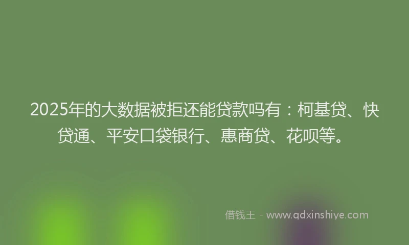 2025年的大数据被拒还能贷款吗有：柯基贷、快贷通、平安口袋银行、惠商贷、花呗等。