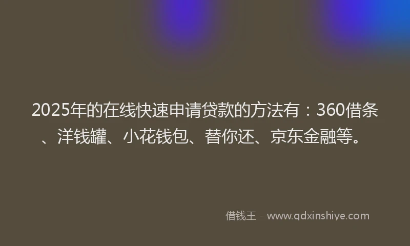 2025年的在线快速申请贷款的方法有：360借条、洋钱罐、小花钱包、替你还、京东金融等。