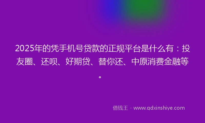 2025年的凭手机号贷款的正规平台是什么有：投友圈、还呗、好期贷、替你还、中原消费金融等。