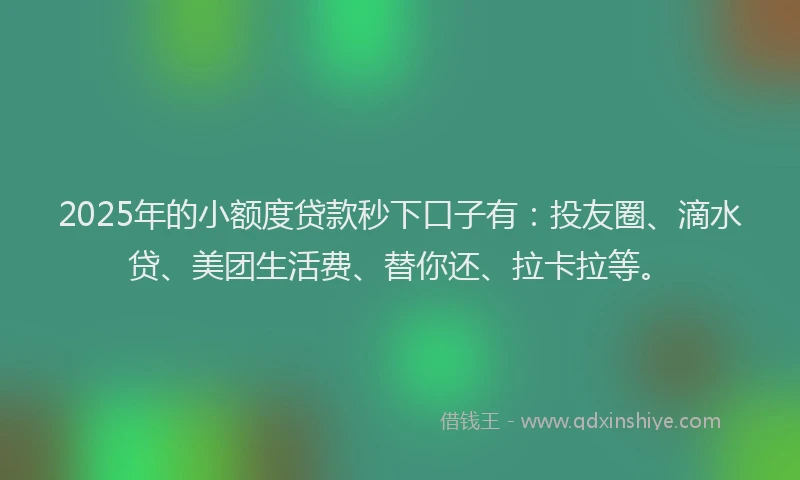 2025年的小额度贷款秒下口子有：投友圈、滴水贷、美团生活费、替你还、拉卡拉等。