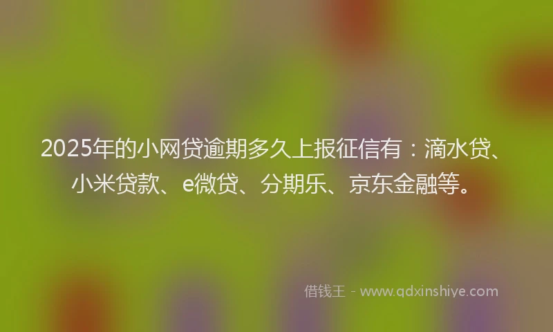 2025年的小网贷逾期多久上报征信有：滴水贷、小米贷款、e微贷、分期乐、京东金融等。