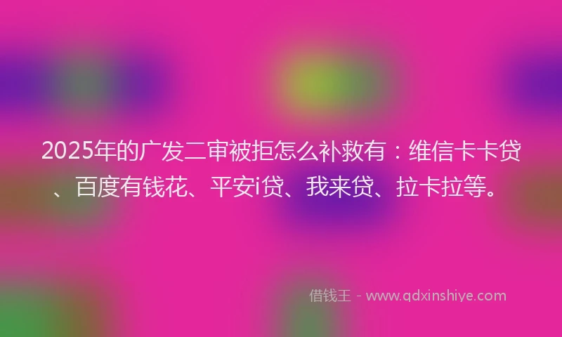 2025年的广发二审被拒怎么补救有：维信卡卡贷、百度有钱花、平安i贷、我来贷、拉卡拉等。