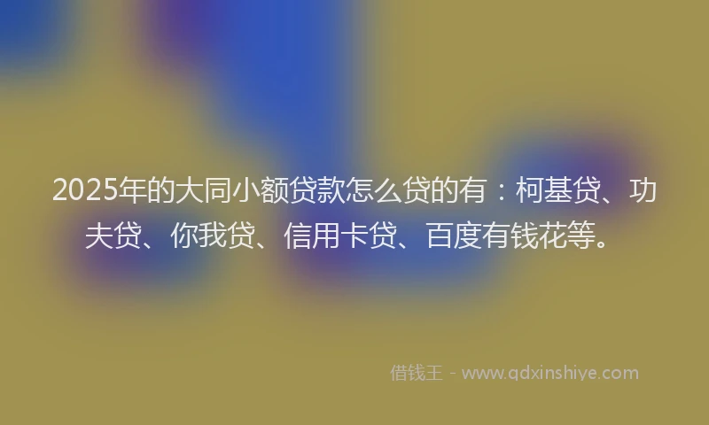 2025年的大同小额贷款怎么贷的有:柯基贷、功夫贷、你我贷、信用卡贷、百度有钱花等。