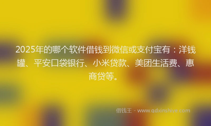 2025年的哪个软件借钱到微信或支付宝有：洋钱罐、平安口袋银行、小米贷款、美团生活费、惠商贷等。
